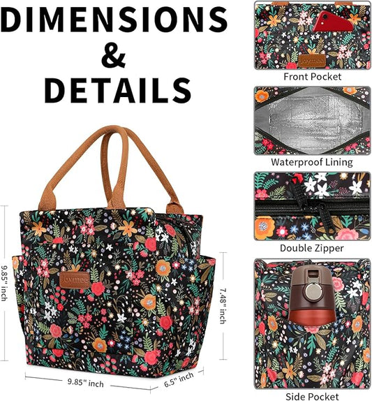 Joymee Lunch Bag Women Insulated Lunch Box Reusable Leakproof Large Spacious Cooler Tote for Womens Mens Adults with Bottle Holder and Side Pockets for Work Office Travel Picnic - Multi-Floral