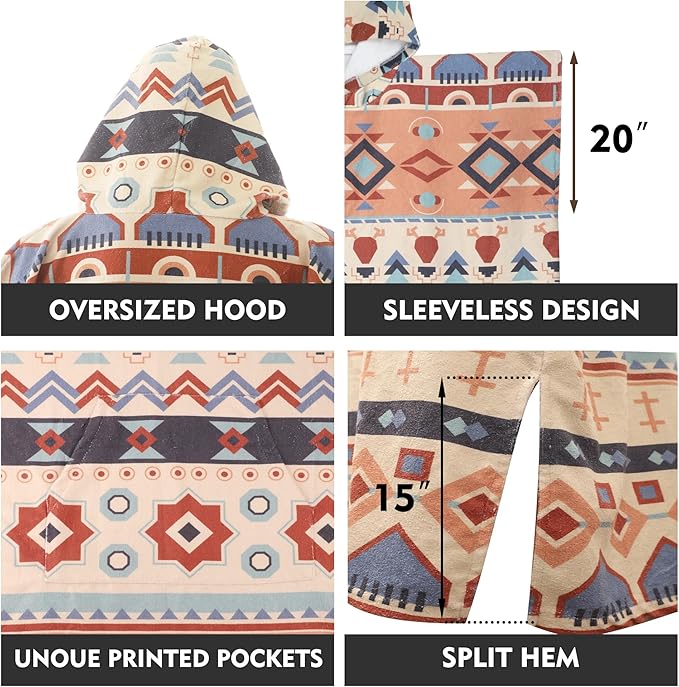 Rainleaf Surf Poncho Changing Towel Quick Dry Pool Swim Beach Towel with Hood and Front Pocket Warm and Soft Microfiber RobeTowel for Women and Men-Geometric Winter White