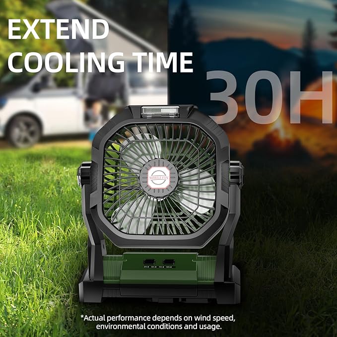 Camping Fan Rechargeable, 20000mAh Battery Powered Portable Fan with LED Light, 4-Speed 180° Adjustable, Camping Essentials for Tent, Travel, Car, Outdoor, Indoor, BBQ, Fishing, Jobsite - Green
