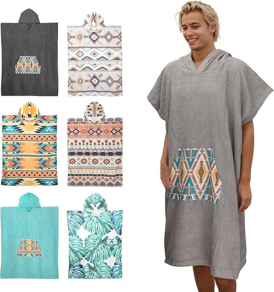 Rainleaf Surf Poncho Changing Towel Quick Dry Pool Swim Beach Towel with Hood and Front Pocket Warm and Soft Microfiber RobeTowel for Women and Men Light Gray Geometric Pocket