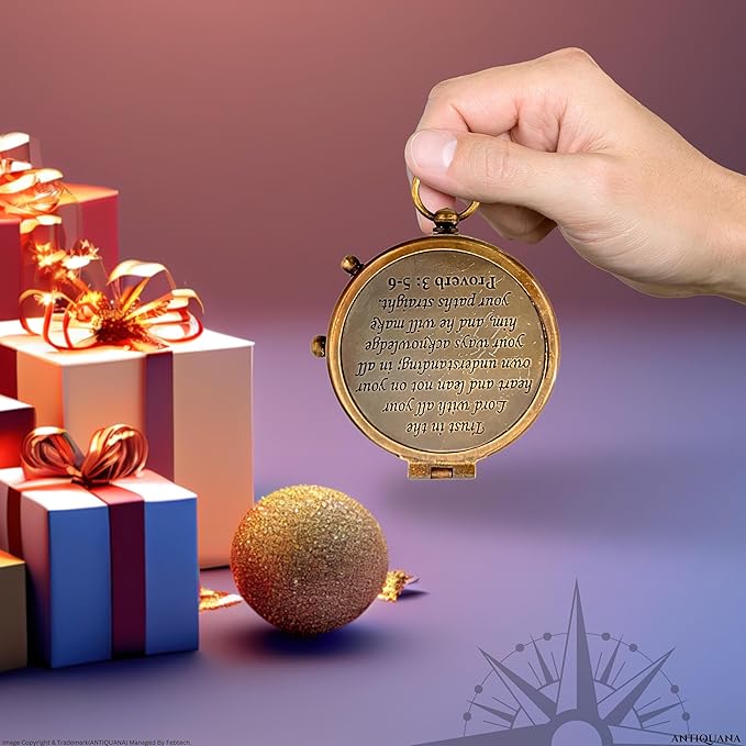 Trust in The Lord with All Your Heart - Proverbs 3:5-6 Quote Engraved Compass with Wooden Box or Leather case, Greeting Card, Gift Compass, Graduation Day Gifts 2025 for Women Men Boys Girls