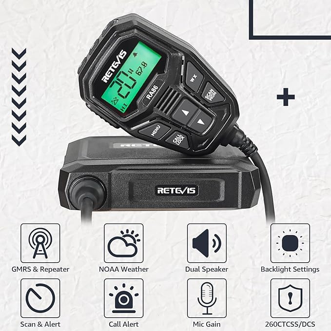 Retevis RA86 GMRS Mobile Radio, Dual Speakers NOAA High Power Transceiver, RA86 Long Range Mobile Radio (1 Pack) with Handheld RB17P Walkie Talkies (2 Packs), GMRS Communicate Kit for Jeeps