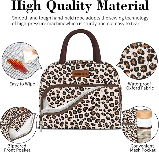 Coobiiya Lunch box for Women, Lunch Bags for Adults, Small Leakproof Cute Lunch Pail Large Capacity Reusable Insulated Cooler Lunch Container for Work/Office/Picnic/Beach - leopard