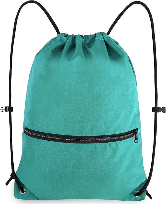 Drawstring Backpack Sports Gym Bag for Women Men Large Size With Two Zipper Pockets and Water Bottle Mesh Pockets