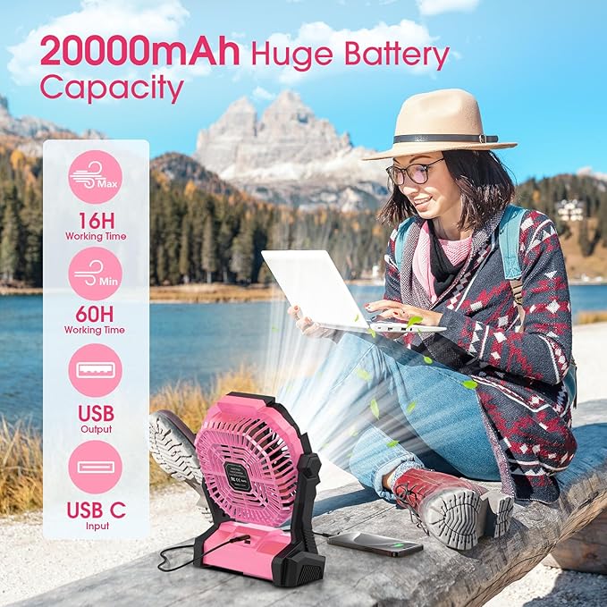 ONLYNEW Portable Fan Rechargeable, 20000mAh Cordless Battery Powered Table Fan with LED Lantern, USB C Battery Operated for Travel Home Camping Tent Office Beach Desk Fishing Pink