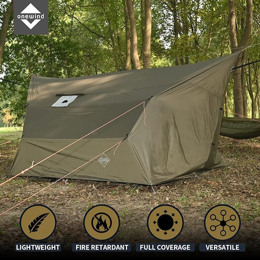 Onewind Penumbra Hot Tent, 14ft Camping Hammock Tarp for 4-Season, Waterpoof and Flame Retardant Hammock Rain Fly with Stove Jack for Winter, Outdoor Camping, OD Green
