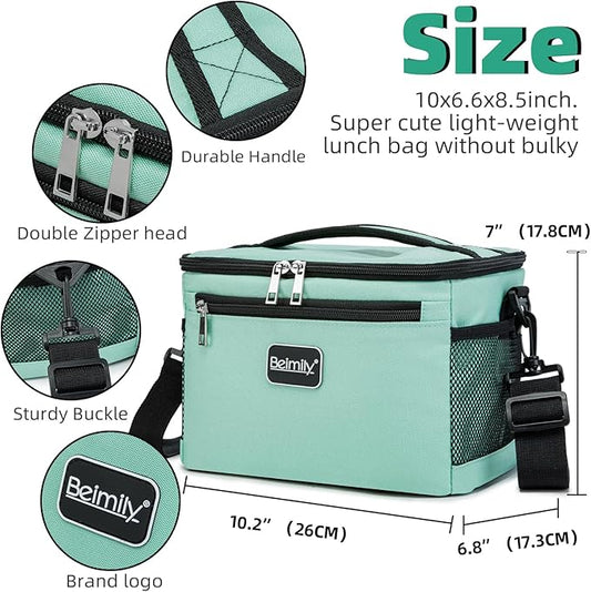 BEIMILY Lunch Box for Men/Women,Small Insulated Lunch Bag,Reusable LunchBox for work Picnic Hiking Beach,Leakproof Soft Cooler Tote Bag Organizer with Adjustable Shoulder Strap for Adults (Green Mint)