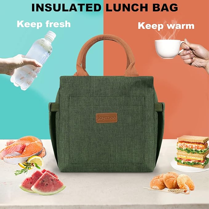 Joymee Lunch Bag Women Insulated Lunch Box with Adjustable Shoulder Strap Large Reusable Leakproof Spacious Cooler Tote for Women Men Adult with Bottle Holder and Side Pockets - Green