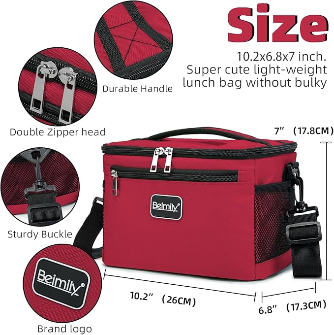 BEIMILY Lunch Box for Men/Women,Small Insulated Lunch Bag,Reusable LunchBox for work Picnic Hiking Beach,Leakproof Soft Cooler Tote Bag Organizer with Adjustable Shoulder Strap for Adults(Red)