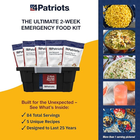 4Patriots: 2-Week Emergency Food Supply Survival Kit, Perfect for Camping, Freeze Dried Preparedness Food, Designed to Last 25 Years, Be Ready with 84 Servings of Delicious Breakfast, Lunch, & Dinner