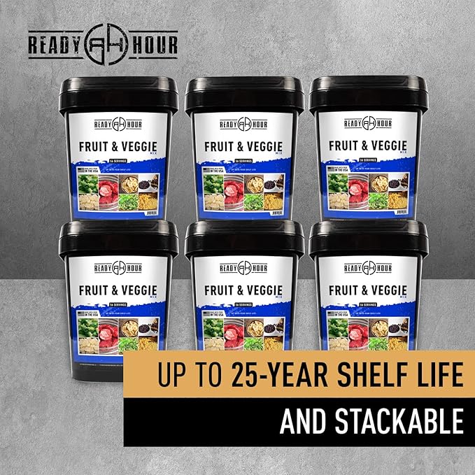 Ready Hour, Fruit & Veggie Mix, Non-Perishable Freeze-Dried Food, 30-Year Shelf Life, Portable Emergency and Adventure Food Supply, Durable Flood Safe Container, 56 Servings