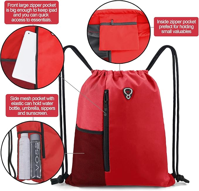 Drawstring Backpack Sports Gym Bag for Women Men Large Size With Two Zipper Pockets and Water Bottle Mesh Pockets