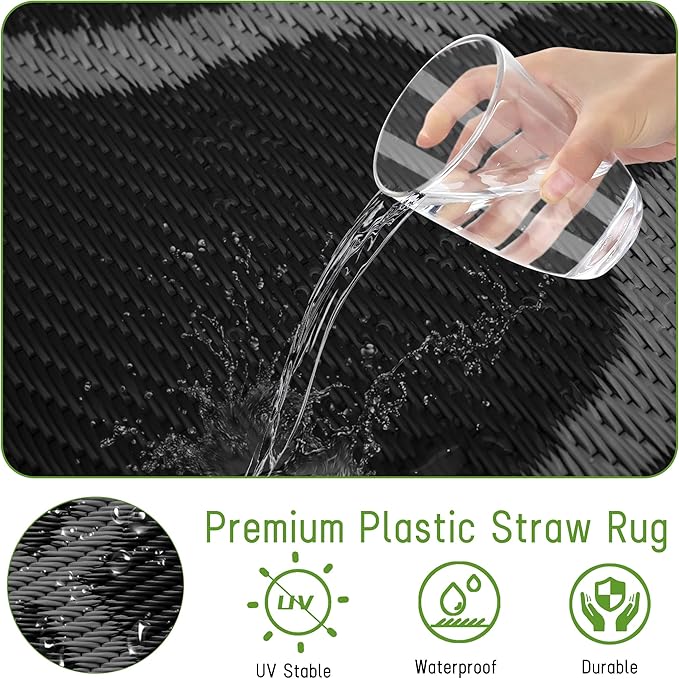 Easy-Going Reversible Outdoor Rugs 4x6ft Waterproof Plastic Straw Rug Stain & UV Resistant Floor Mat for Patio Porch RV Backyard Pool Deck Picnic Beach Trailer Camping (Moroccan Black & Grey)