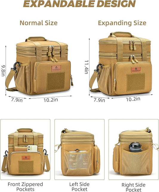 HSHRISH Expandable Large Tactical Lunch Box for Adults, Double Deck Durable Insulated Lunch Bag, Leakproof Cooler Bag Lunch Pail for Men Work Outdoor Picnic Trips, 24Cans/15L(Brown)