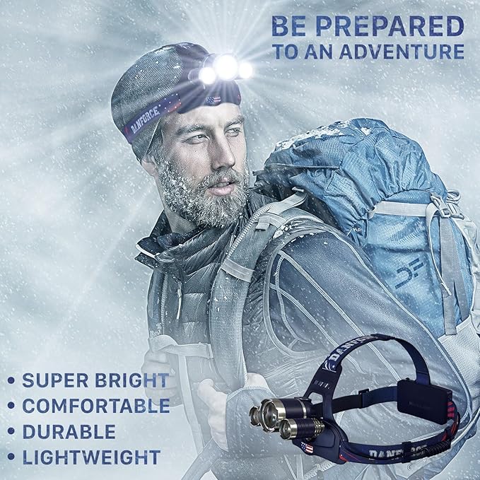 DanForce Headlamp. USB Rechargeable LED Head Lamp. Ultra Bright CREE 1080 Lumen Head Flashlight + Red Light. HeadLamps for Adults, Camping, Outdoors & Hard Hat Work. Zoomable IPX54 Headlight