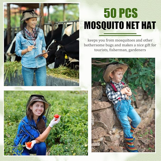 Windyun 50 Pcs Mosquito Net Hat 16 x 20 Inch Mesh Face Netting Mosquito Hats with Netting Bug Net Hat Protecting Face Head Neck Fly Netting Hood for Bugs Biting from Outdoor Activities Hiking Camping