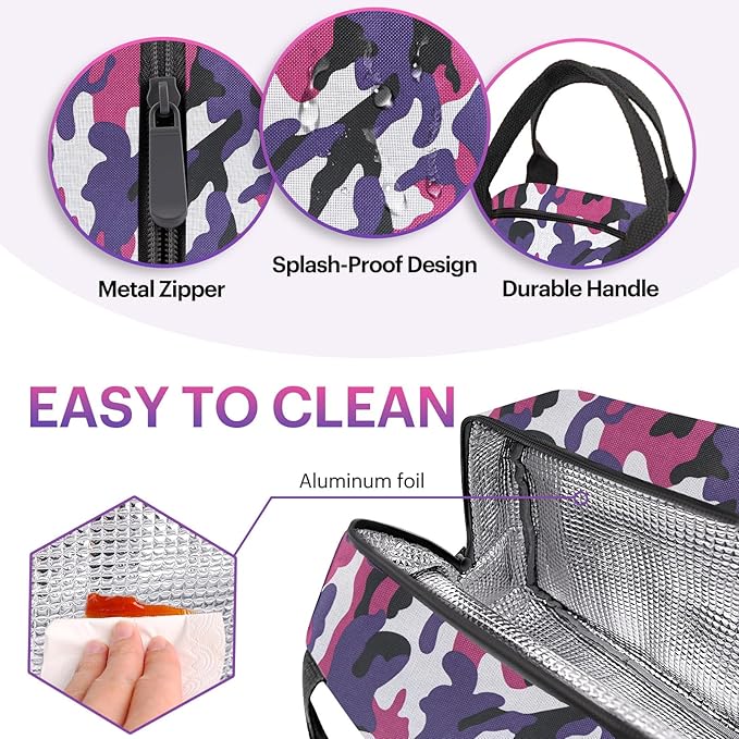 Lunch Bag for Women & Men Adult Insulated Lunch Box, Small Leakproof Cooler Food Lunch Containers Reusable High Capacity Lunch Tote Bags for Work, Travel, Outdoor (Purple Camo)