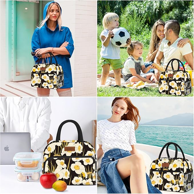 Coobiiya Lunch Bag Women, Daffodil Lunch Bag for Women Adult, Small Leakproof Cute Lunch Box Tote Large Capacity Reusable Insulated Cooler Lunch Container for Work/Office