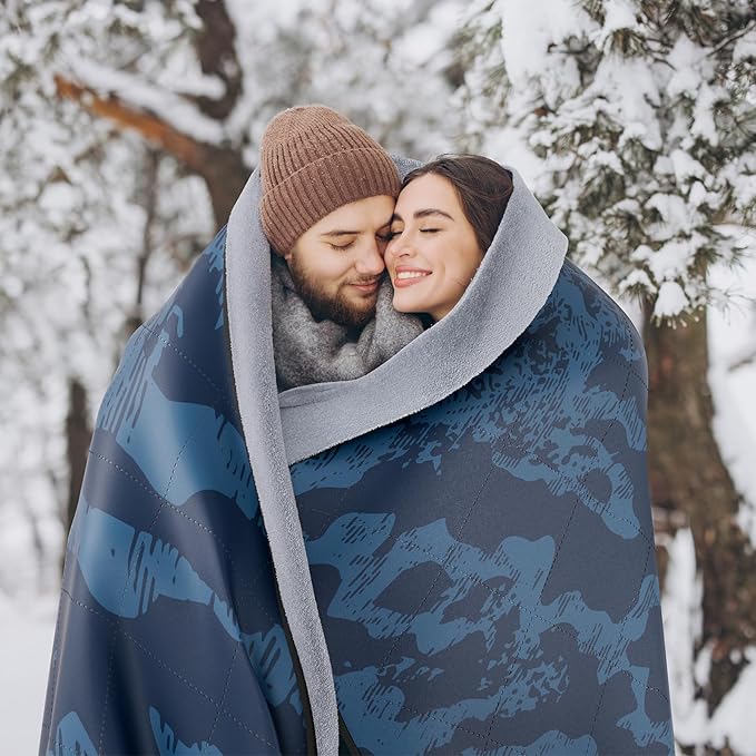 Titanker Outdoor Picnic Blankets, Camping Blanket Waterproof Blanket and Outdoor Pillow 2-in-1, 83''X 55'' Car Blanket with Storage Bag, Stadium Blanket for Hiking, Camping, Camo Blue