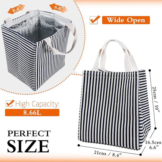 Lunch Bag Insulated Lunch Box for Women Men,Reusable Adult Lunch Tote Bags for Work or Travel (Striped Blue)