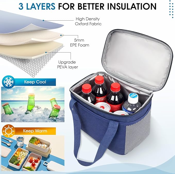 Reusable Lunch Box Lunch Bag for Women Men Insulated Lunch Bag Women Lunch Cooler Tote Bags for Office Work Picnic Outdoor Travel, Navy blue