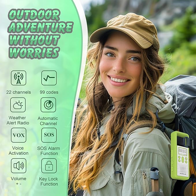 Rechargeable Walkie Talkie for Long Range 2 Pack,with FM/NOAA, Weather Alert, LED Flashlight,SOS Siren,Volume Adjustment, Ldeal for Survival Biking Hiking Camping (Orange Green)