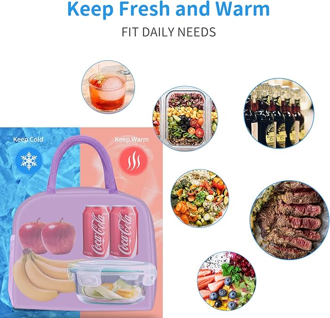 Lunch Bag Lunch Box for Women Men Reusable Insulated Lunch Bags for Adults,Leakproof Cute Cooler Lunch Tote Bag, Large Capacity for Work Travel Picnic,Purple