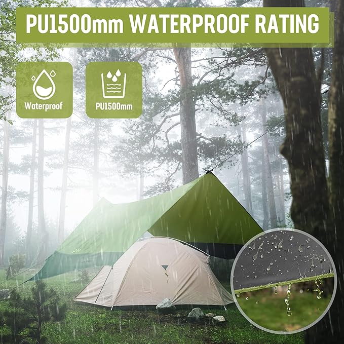 VILLEY Camping Tarps for Tents, Portable Waterproof Hammock Rain Fly, Easy Set Up Camping Shelter Sunshade Canopy for Outdoor Fishing, Backpacking, Hiking, Survival Gear- Heptagonal, Green