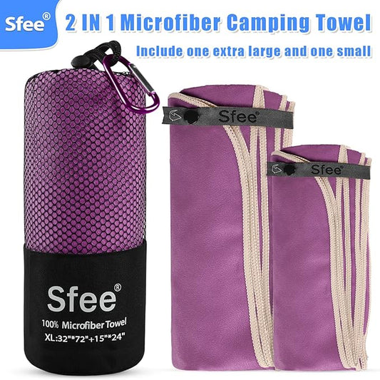 Sfee 2 Pack Microfiber Travel Towel, Quick Dry Towel Camping Towel Large Beach Towel Super Absorbent Compact Lightweight Sports Towel Gym Towel Set for Beach, Gym, Hiking, Pool, Backpacking,Bath,Yoga