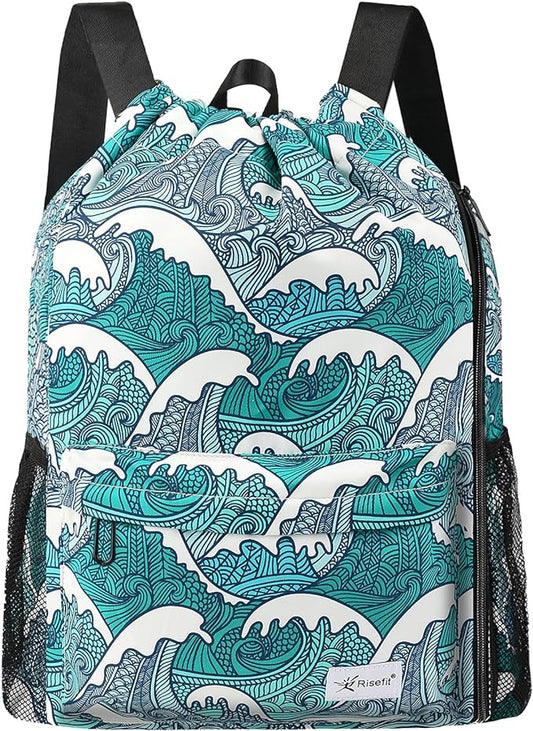 Drawstring Backpack with Mesh Pockets String Gym Bag Sackpack Sandproof Water Resistant Beach Backpack for Men Women
