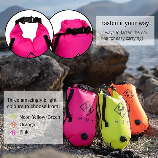 HUT Swim Buoy Dry Bag - UK's Favorite Tow Float and Watertight Dry Bag for Open Water Swimmers, Triathletes. High Visibility Safety Swim Buoy, Two air Chambers – be seen be Safe.