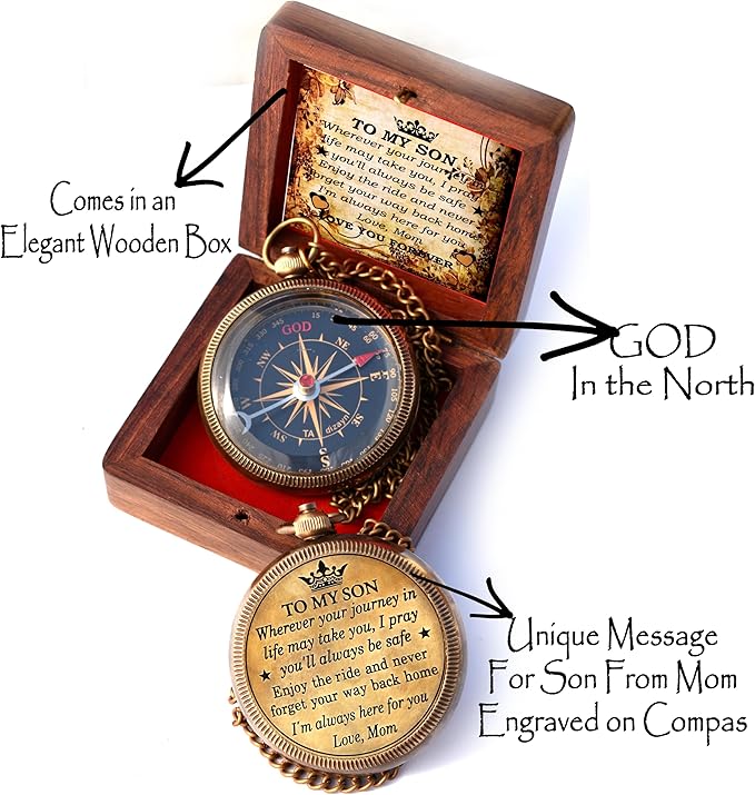 to My Son Compass with Wooden Box-Mom to Son Compass–Father to Son Gifts- to My Grandson -Graduation Day Gifts for Son-Birthday, Baptism, Graduation, Confirmation, Communion Compass for Women Men
