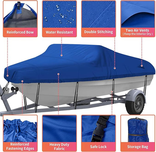 NEXCOVER Trailerable Boat Cover, Length: 14’-16’ Beam Width: up to 90”, Waterproof Heavy Duty Cover, Fits V-Hull, TRI-Hull, Runabout, Pro-Style, Bass Boat, Storage Bag & Tightening Straps Included.