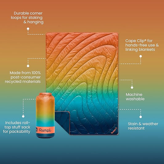 Rumpl Original Puffy Blanket - Warm Puffy Camping Blanket, 100% Recycled Polyester Insulation, Lightweight, Packable, Water-Resistant, Outdoor Puffer Blanket, 52"x75", Baja Fade