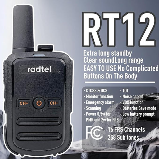 Radtel RT12 Walkie Talkies for Adults Rechargeable 2 Pack, Long Range Handheld FRS Two Way Radio 16CH Handsfree VOX for Camping Hiking (Black)