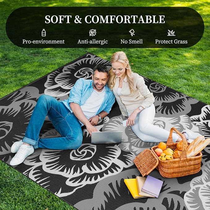 MontVoo Outdoor Rug-Waterproof Camping Rug Patio Rug Mat 6x9 ft Reversible Plastic Straw Outside Outdoor Rug for RV Camping Picnic Beach Balcony Backyard Pool Deck Porch Farmhouse Floral Black
