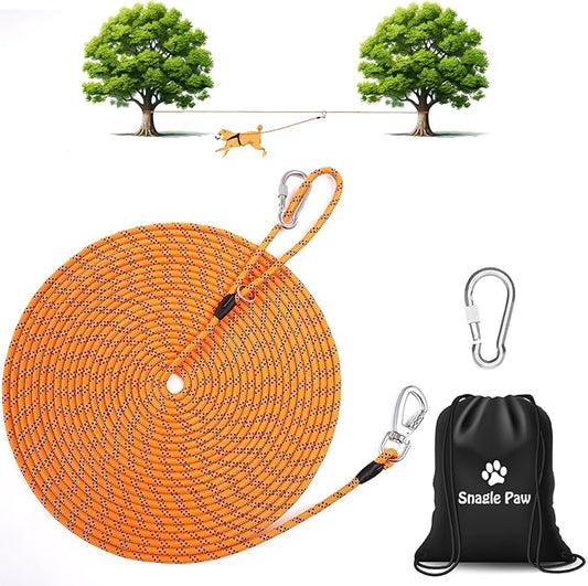 Snagle Paw Dog Runner for Yard 3 in 1, 75FT Dog Training Leash with Handle for Small Medium Large Dogs, Reflective Rope Dog Tie Out Cable with Carabiner for Yard,Park,Camping (Orange for 1 Dog)