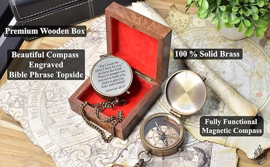 Handmade Portable Antique Brass Chain Compass Engraved with Wooden Box Men's & Women's Hiking Camping Use and Pirate Accessories