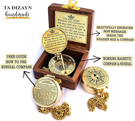 to My Son Compass with Wooden Box-Mom to Son Compass–Father to Son Gifts- to My Grandson -Graduation Day Gifts for Son-Birthday, Baptism, Graduation, Confirmation, Communion Compass for Women Men