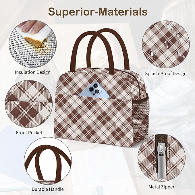 Lunch Bag Lunch Box for Women Men Reusable Insulated Cooler Lunch Tote Bags, Leakproof Cute LunchBag Large Capacity for Work Travel Picnic,Brown Grid