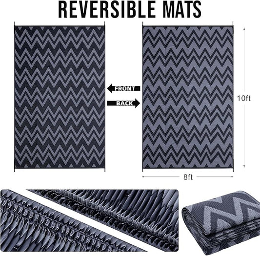 OLANLY Waterproof Outdoor Rug 8x10 ft Clearance, Reversible Outdoor Plastic Straw Rug, RV Mat, Indoor Outdoor Carpet for Patio, Camping, Balcony, Deck, Backyard, Black & Grey