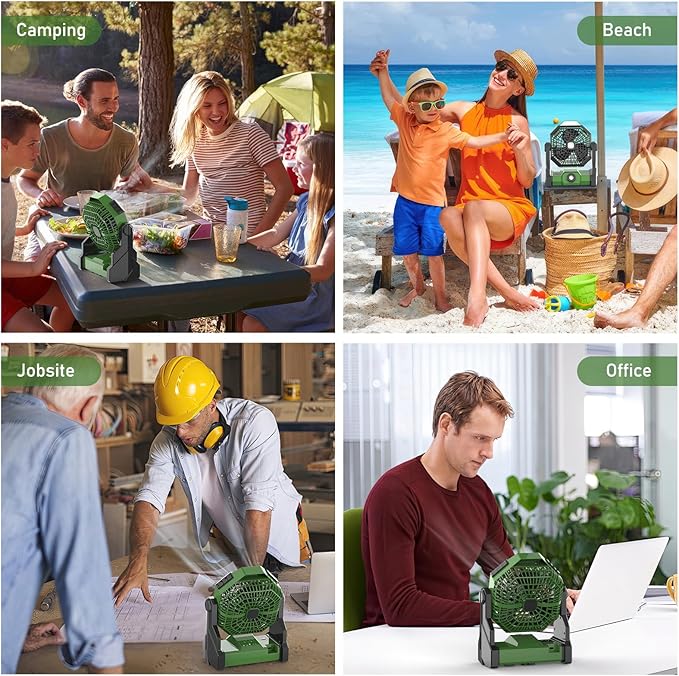 Camping Fan Rechargeable, 10400mAh Portable Battery Operated Camping Fan for Tents, Hangable USB Silent Camping Fans with LED Lantern, Suitable for Fishing, Camping, Bedroom, Workplace (Green)