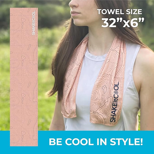SHAKEitCOOL Original Cooling Towel – Be Cool in Style - Heat Relief, Soft, Lightweight, Sun Protection, Easy Clean - Perfect for Biking, Running, Yoga, Gym, Gardening - Orange Topo