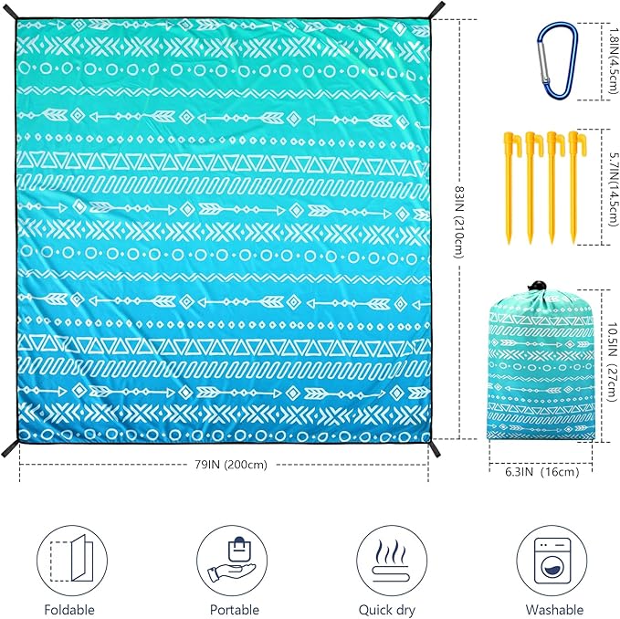 Beach Blanket Waterproof Sandproof Beach Mat 79" X 83" /10'x9'for 2-8 Adults Quick Drying Outdoor Picnic Mat Beach Accessories for Travel, Camping, Hiking