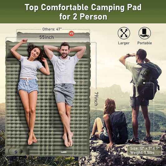 Elegear Double Sleeping Pad for Camping, 4" Ultra-Thick Self Inflating Camping Pad 2 Person with Pillow Built-in Foot Pump Camping Sleeping Mat for Backpacking, Hiking, Portable Camping Pad