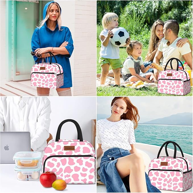 Coobiiya Lunch Bag Women, Lunch Box for Women Adult Men, Small Leak-proof Cute Lunch Tote Large Capacity Reusable Insulated Cooler Lunch Container for Work/Office/Picnic/Travel-Pink Cow