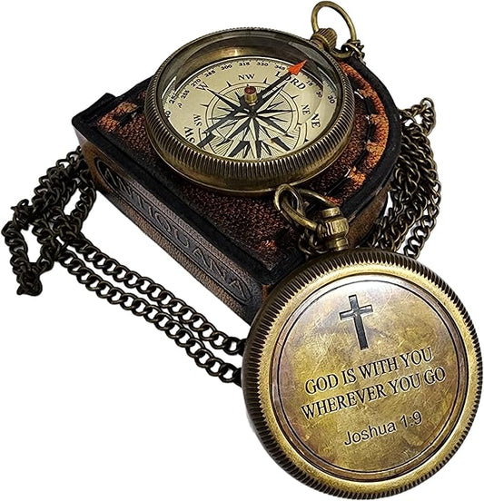 Brass Compass Unique Print 'GOD is with Yout' Engraved Compass with Leather Case and Chain A Great Gift Item for Your Loved Ones