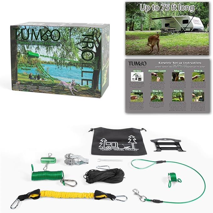 Tumbo 75 ft Travel Trolley (Anti-Shock on The go Dog Trolley Containment System) with Our Kevlar Rope for Easy Set up