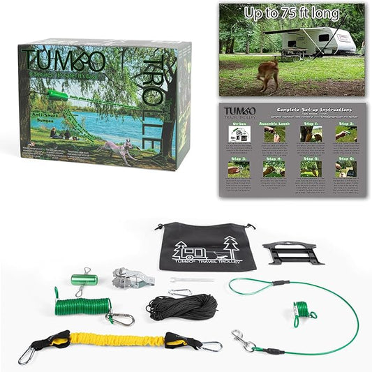 Tumbo 75 ft Travel Trolley (Anti-Shock on The go Dog Trolley Containment System) with Our Kevlar Rope for Easy Set up