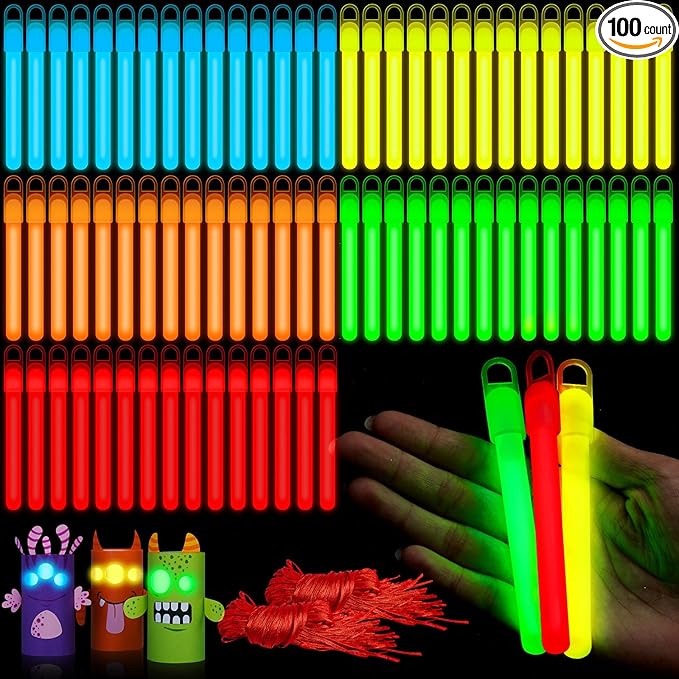 Lewtemi 100 Pack 4'' Halloween Glow Sticks Bulk Light Sticks with Lanyard Individually Wrapped Tactical Military Emergency Glow Stick Party Favors for Halloween, Camping, Hiking, Party